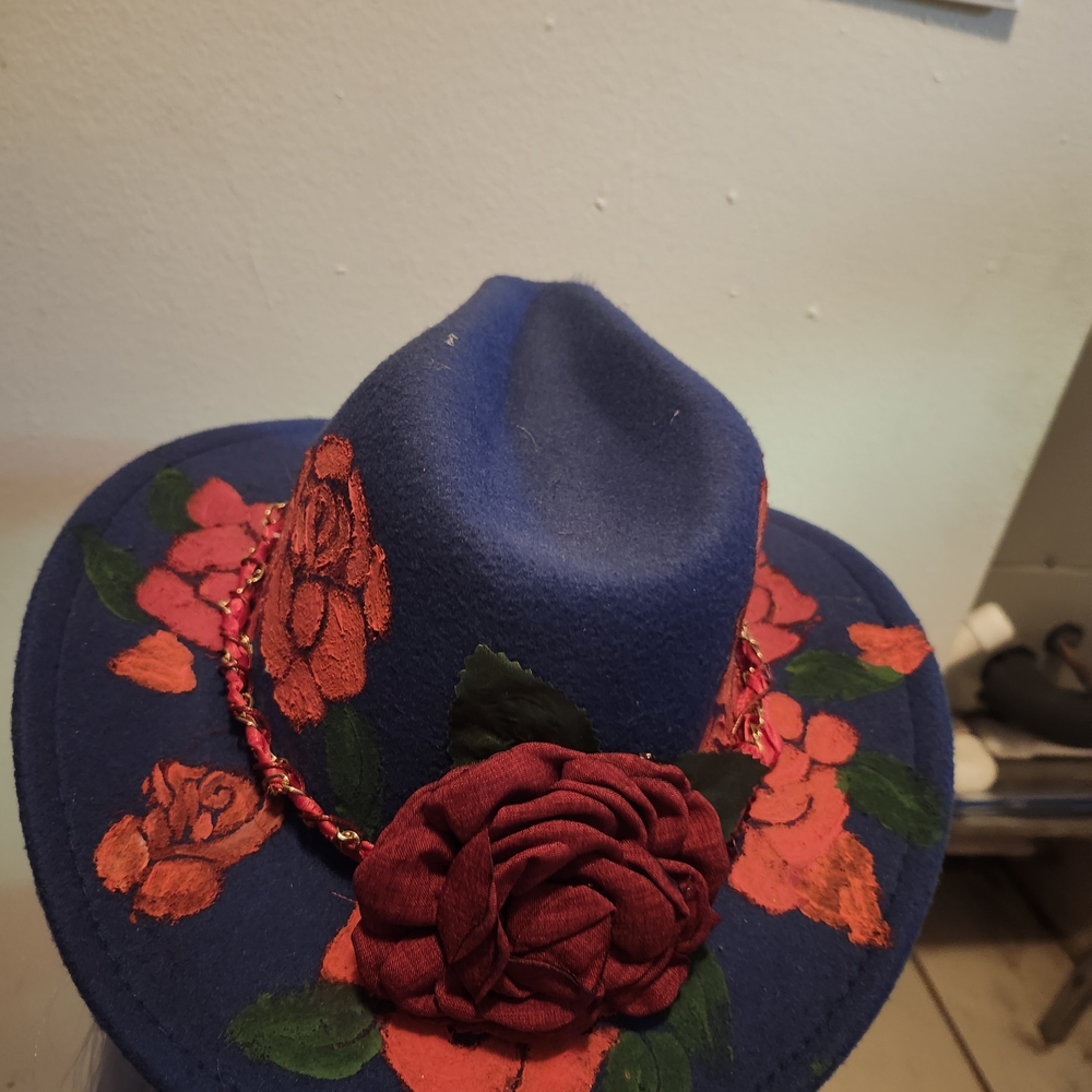 Floral Embellished Blue Hat